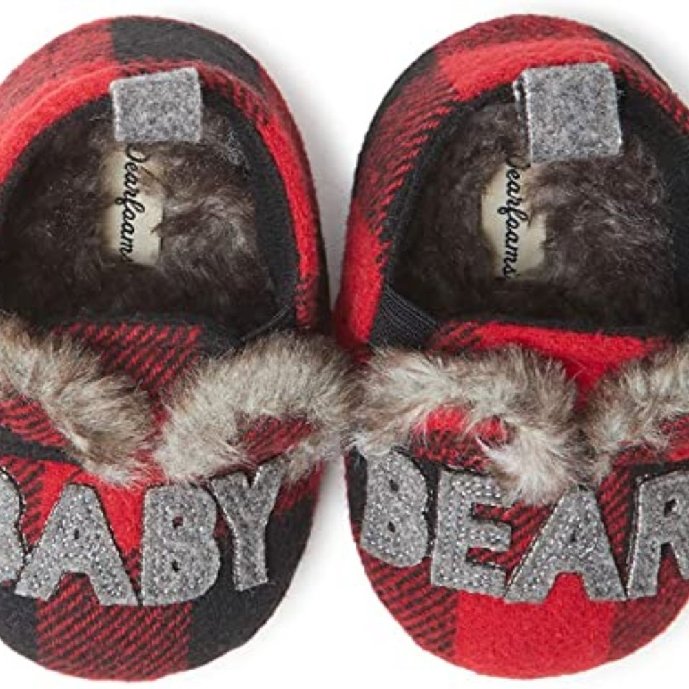 NWT Baby Dearfoams ''Baby Bear'' Plaid Faux Fur Closed Back Slippers 3-6 Months